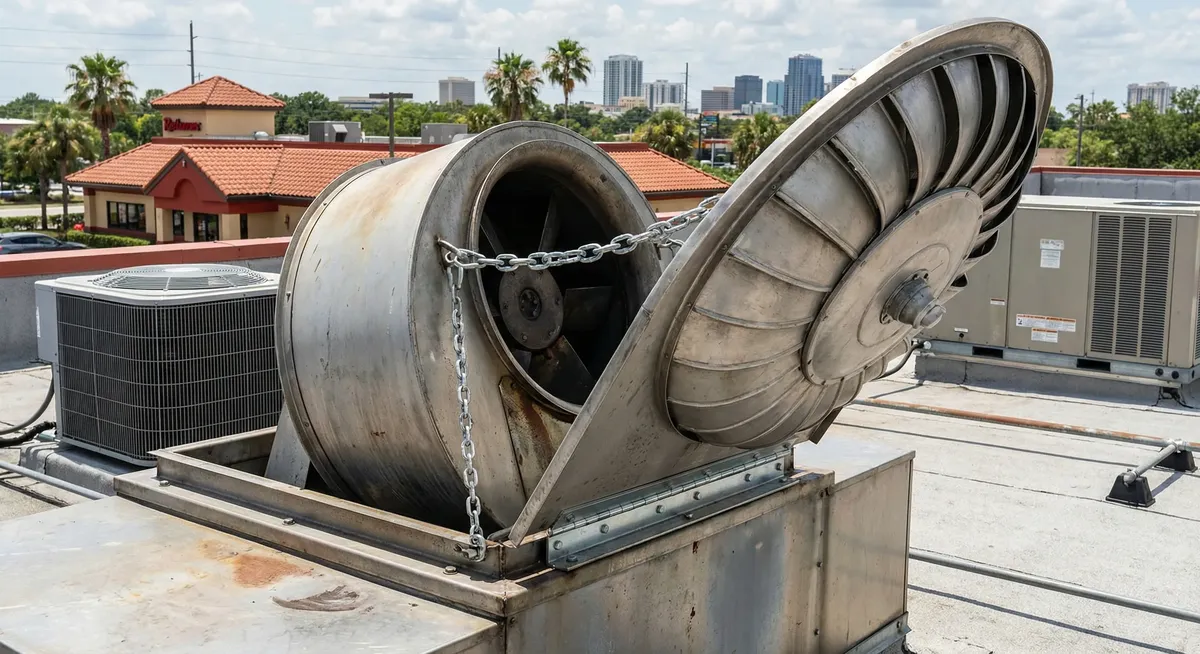 Exhaust fan hinge kit installation on Denver commercial kitchen roof