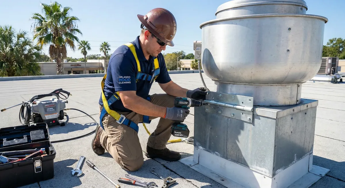 ProCo Hood Cleaning technician installing exhaust fan hinge kit