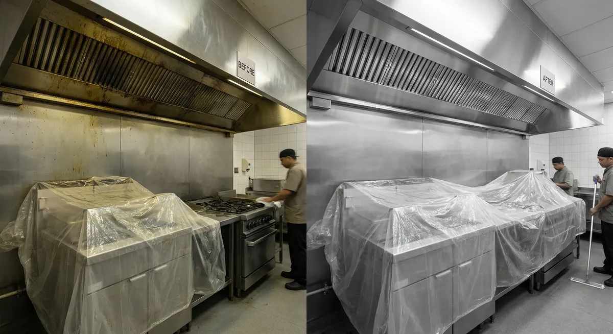 Before and after hood cleaning comparison showing grease removal results